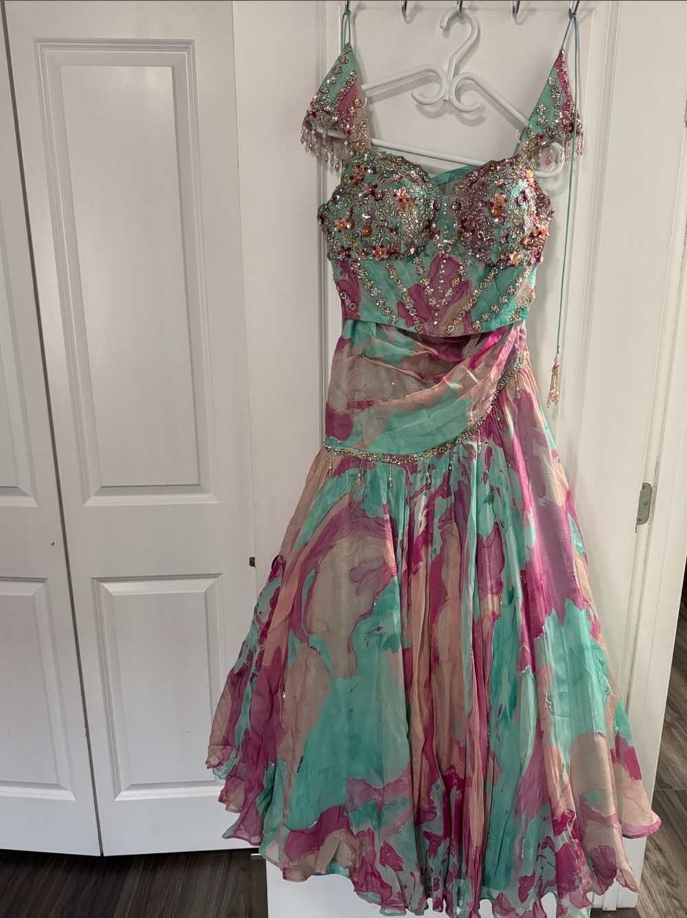 Embellished Multicolor Evening Lehenga in Teal & Pink